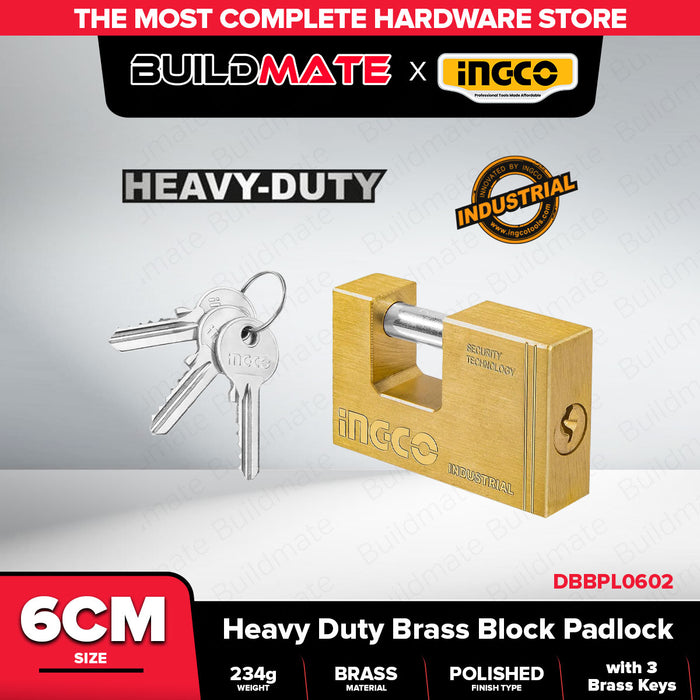 INGCO 60mm-90mm Heavy Duty Brass Block Padlock Anti-Theft High Security Outdoor Keyed Door Lock with 3pcs Brass Keys SOLD PER PIECE - HT2