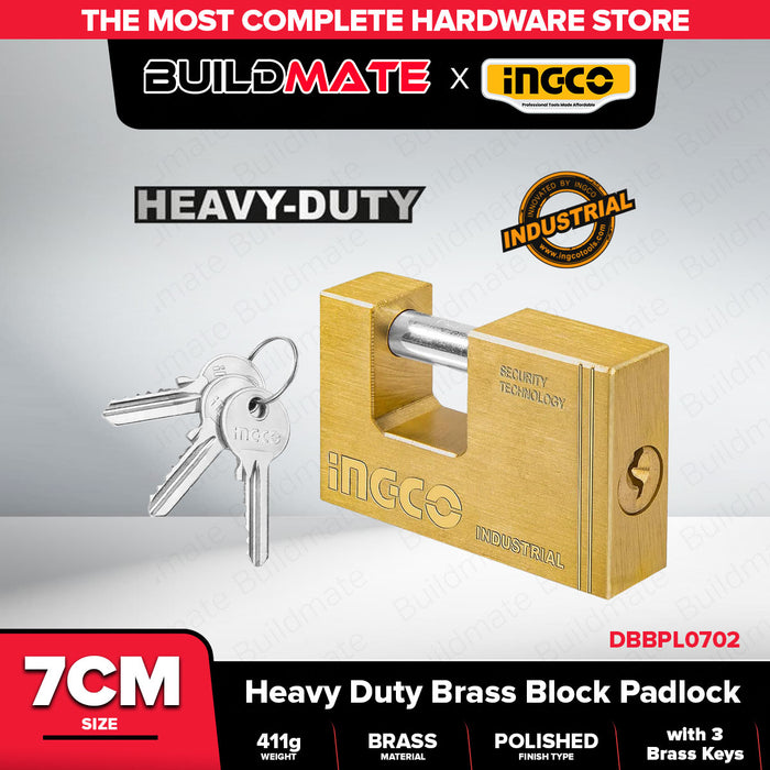 INGCO 60mm-90mm Heavy Duty Brass Block Padlock Anti-Theft High Security Outdoor Keyed Door Lock with 3pcs Brass Keys SOLD PER PIECE - HT2