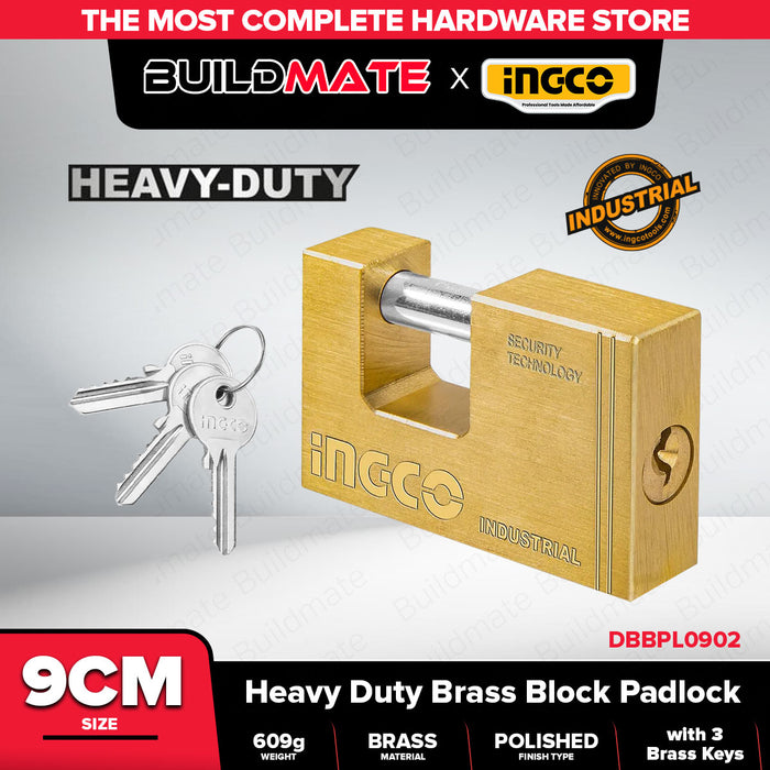 INGCO 60mm-90mm Heavy Duty Brass Block Padlock Anti-Theft High Security Outdoor Keyed Door Lock with 3pcs Brass Keys SOLD PER PIECE - HT2