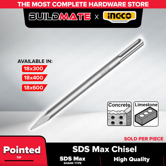 BUILDMATE Ingco SDS Max Pointed Chisel 18x300mm / 18x400mm Concrete Masonry Breaker Demolition and Chiseling Tool - IHT