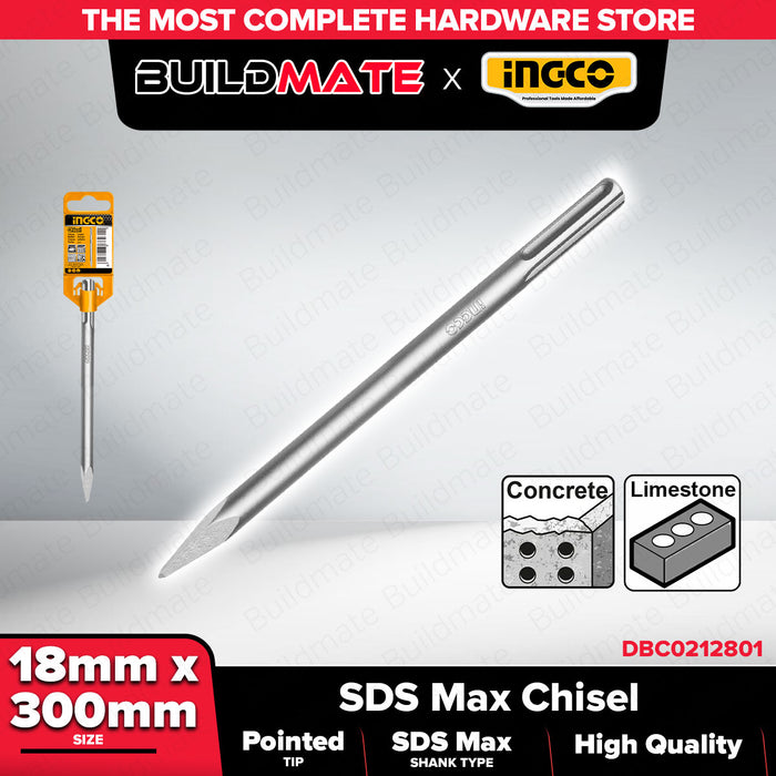 BUILDMATE Ingco SDS Max Pointed Chisel 18x300mm / 18x400mm Concrete Masonry Breaker Demolition and Chiseling Tool - IHT