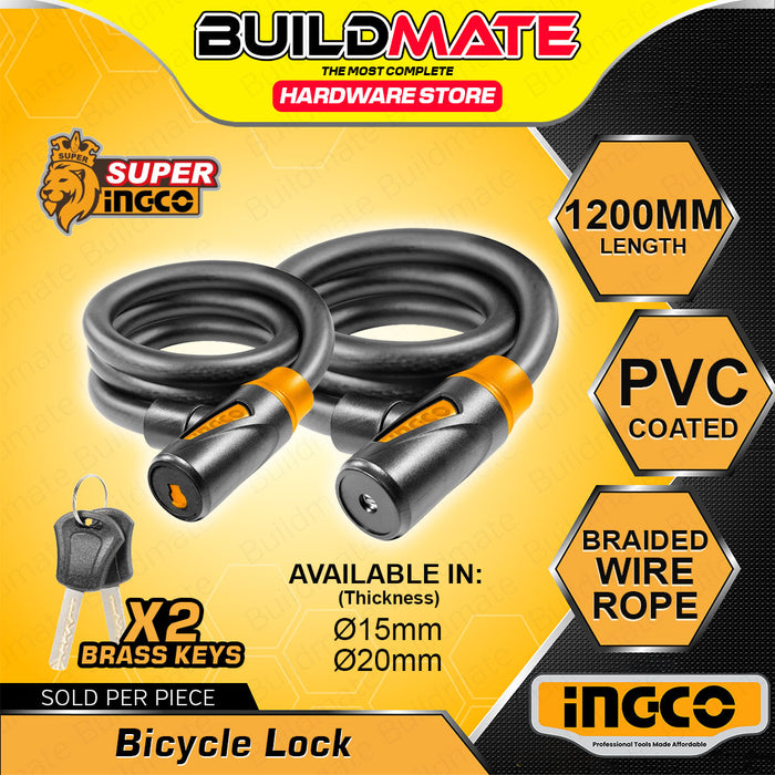 INGCO 15mm/20mm Bicycle Lock with Keys 1200mm Anti-Theft PVC Coated Steel Keyed Security Cable Lock For Motor Bike Gate Outdoor Use - HT2