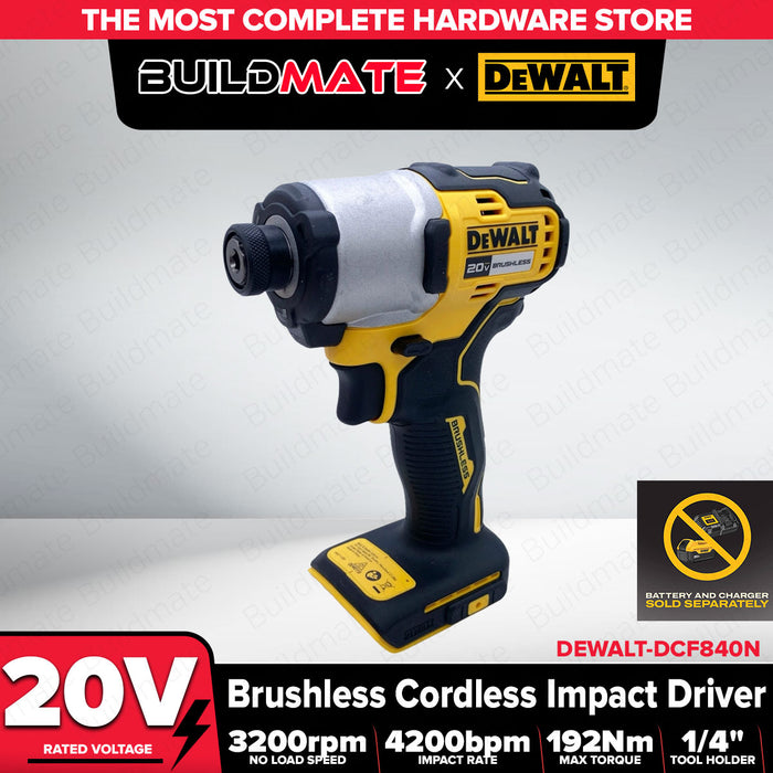 Buildmate x DEWALT ATOMIC 20V MAX Brushless 1/4in Cordless Impact Driver 192Nm Bare DCF840N-B1