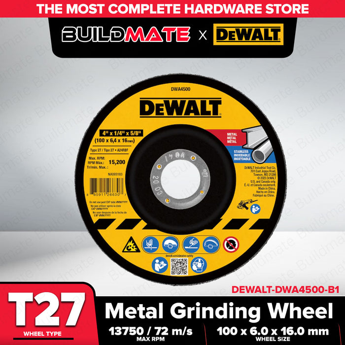 Buildmate x DEWALT 100mm Metal Grinding Wheel T27 6mm Thick High Speed DWA4500-B1