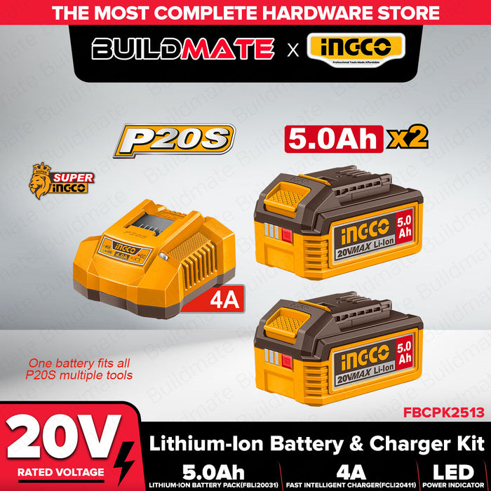 Buildmate x INGCO 20V P20S Battery & Charger Kit 5.0Ah Li-Ion FBCPK2513