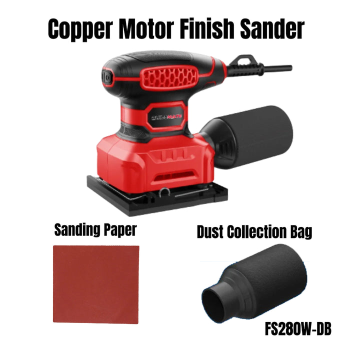 BUILDMATE 280W Copper Motor Finish Sander 110x100mm w/ Dust Collection Bag FS280W-DB