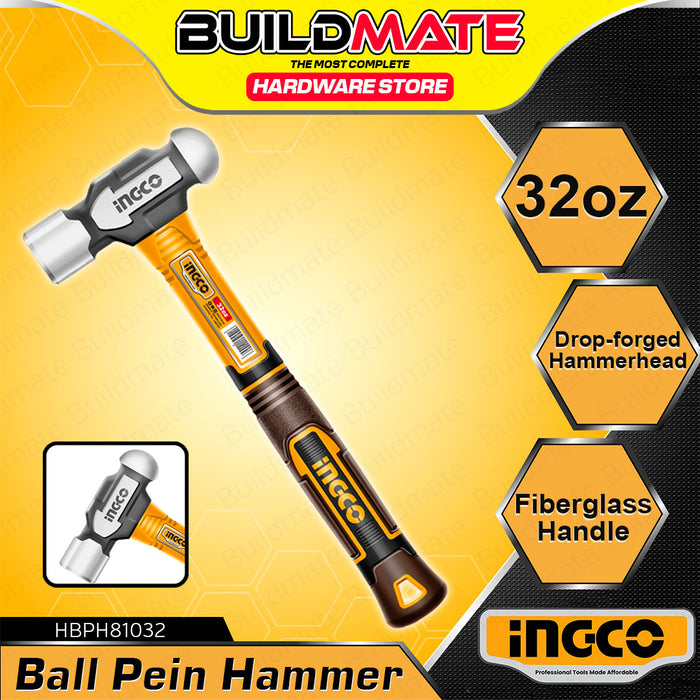 BUILDMATE Ingco Ballpein Hammer Fiberglass Handle Ball Peen Hammer Metalwork 16oz| 24oz | 32oz • IHT