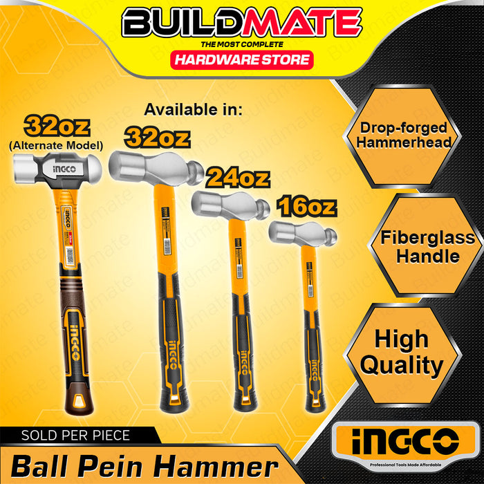 BUILDMATE Ingco Ballpein Hammer Fiberglass Handle Ball Peen Hammer Metalwork 16oz| 24oz | 32oz • IHT
