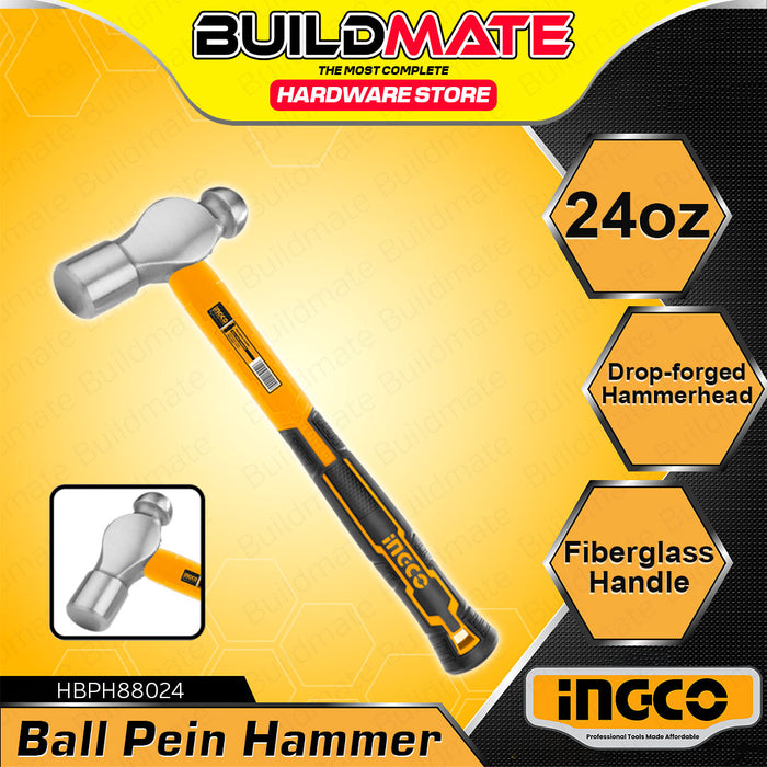 BUILDMATE Ingco Ballpein Hammer Fiberglass Handle Ball Peen Hammer Metalwork 16oz| 24oz | 32oz • IHT