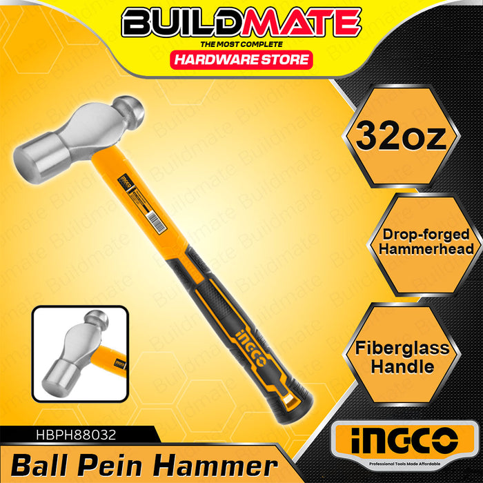 BUILDMATE Ingco Ballpein Hammer Fiberglass Handle Ball Peen Hammer Metalwork 16oz| 24oz | 32oz • IHT