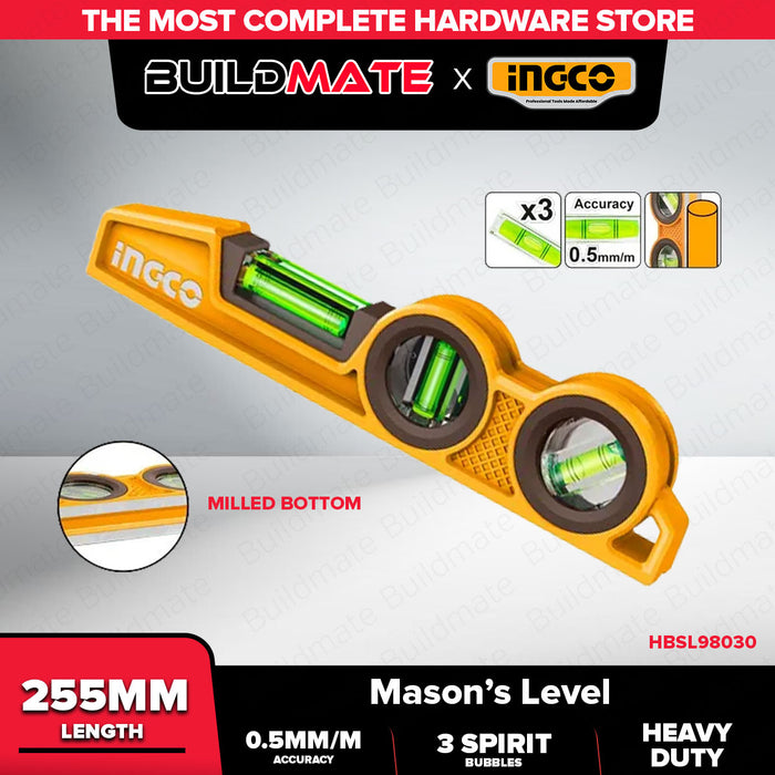 Buildmate x INGCO Heavy Duty Mason's Level 255mm Cast Aluminum Spirit Level with 3 Vials HBSL98030 IHT