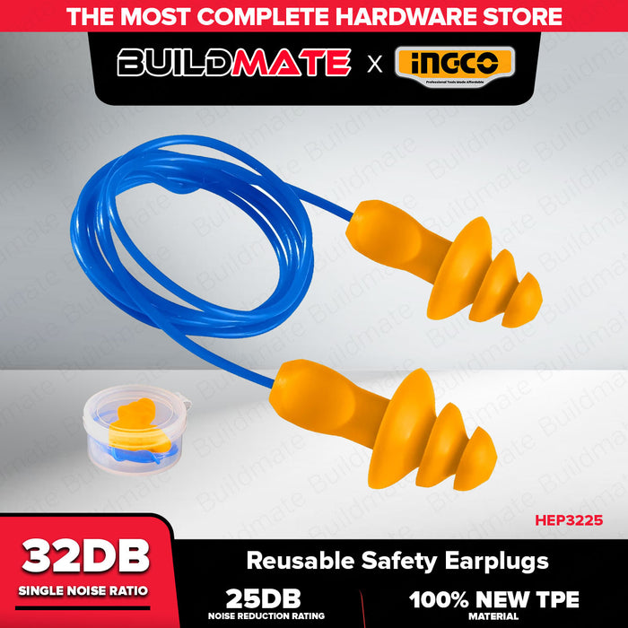 Buildmate x INGCO Reusable Safety Earplug Noise Reduction Hearing Protection Ear Plugs 32dB SNR 25dB NRR HEP3225 IHT