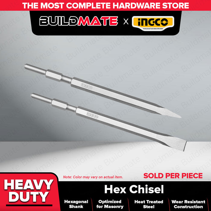 BUILDMATE Ingco Hex Chisel 17x350mm Flat / Pointed Hex Breaker Concrete Masonry Demolition & Chiseling Tool - IHT