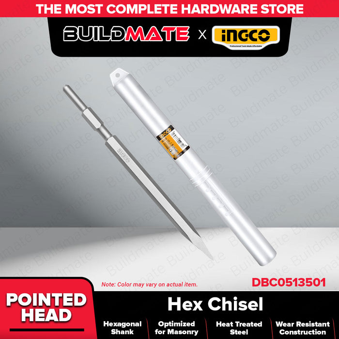 BUILDMATE Ingco Hex Chisel 17x350mm Flat / Pointed Hex Breaker Concrete Masonry Demolition & Chiseling Tool - IHT