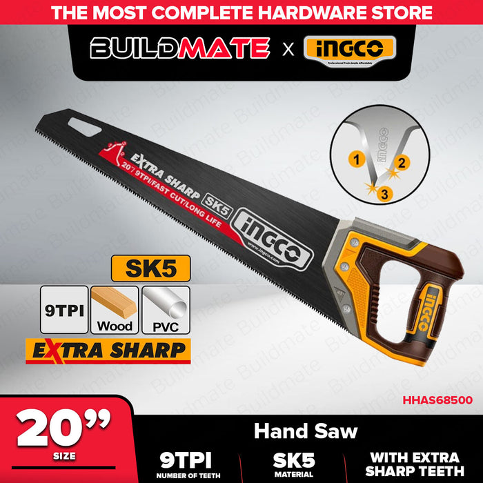 Buildmate x INGCO Hand Saw 20in 500mm SK5 Steel Wood Cutting Saw 9TPI Heavy Duty Handsaw HHAS68500 IHT