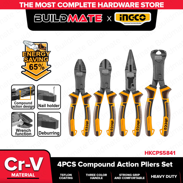 INGCO 4pcs Heavy Duty Compound Action Pliers Set Cr-V Teflon Coated Grip Pliers For Cutting & Gripping HKCPS5841 - IHT