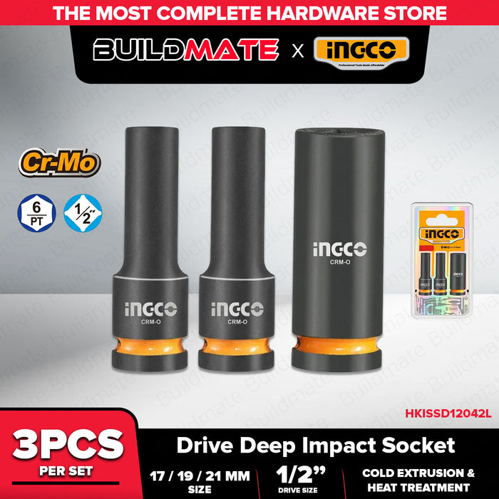 Buildmate x INGCO 3PCS 1/2in Drive Deep Impact Socket Set 17mm 19mm 21mm Cr-Mo Heavy Duty Socket Kit HKISSD12042L IHT