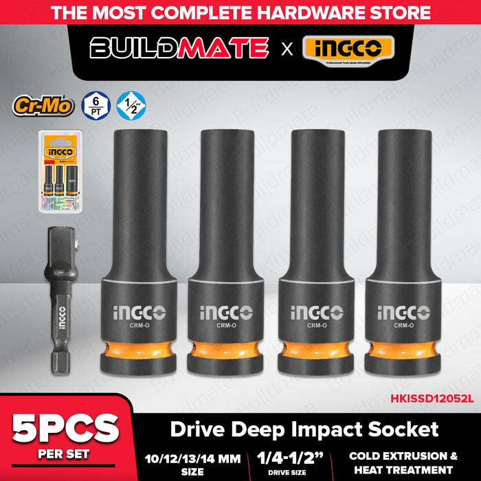 Buildmate x INGCO 5PCS 1/2in Drive Deep Impact Socket Set 10mm 12mm 13mm 14mm with Hex Adapter Cr-Mo HKISSD12052L IHT
