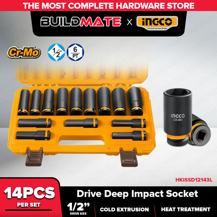 Buildmate x INGCO 14PCS 1/2in Drive Deep Impact Socket Set 10-27mm Cr-Mo Heavy Duty Impact Wrench Sockets HKISSD12143L IHT
