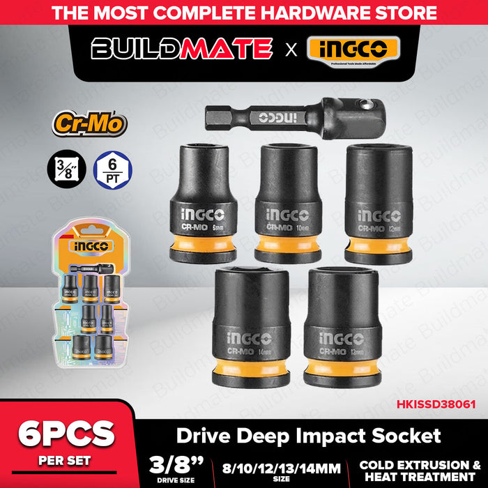 Buildmate x INGCO 6PCS 3/8in Drive Impact Socket Set 8mm 10mm 12mm 13mm 14mm with Hex Adapter Cr-Mo HKISSD38061 IHT