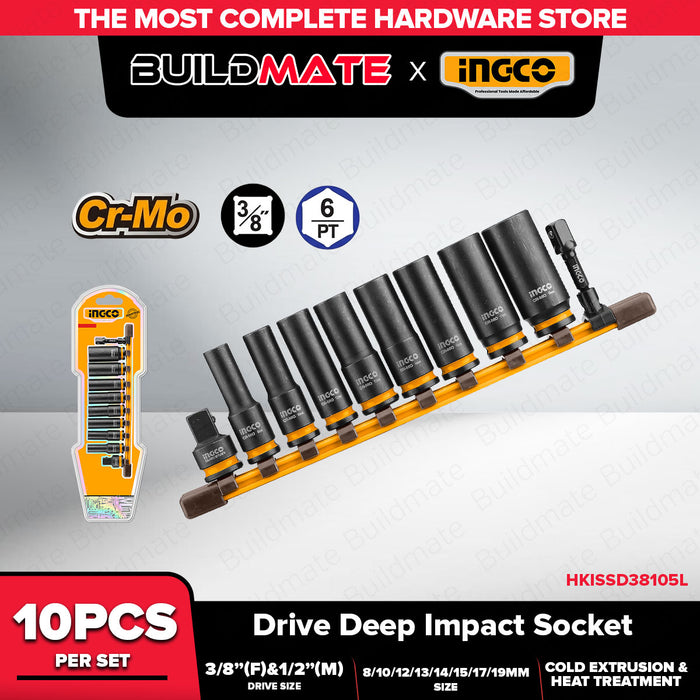 Buildmate x INGCO 10PCS 3/8in Drive Deep Impact Socket Set 8-19mm Cr-Mo with Socket Adapters HKISSD38105L IHT