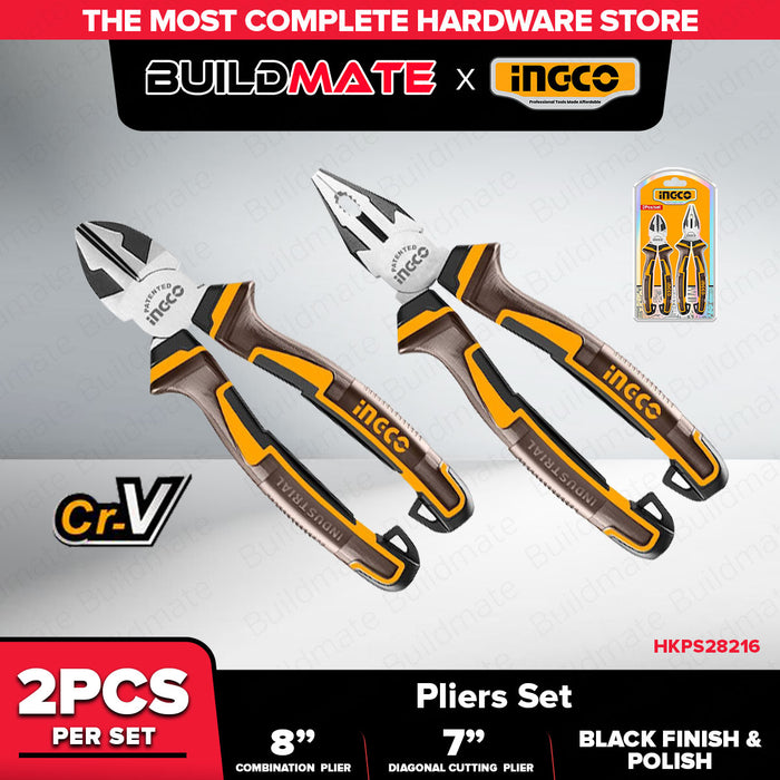 Buildmate x INGCO 2PCS Pliers Set 8in Combination Pliers and 7in Diagonal Cutting Pliers Cr-V Steel HKPS28216 IHT