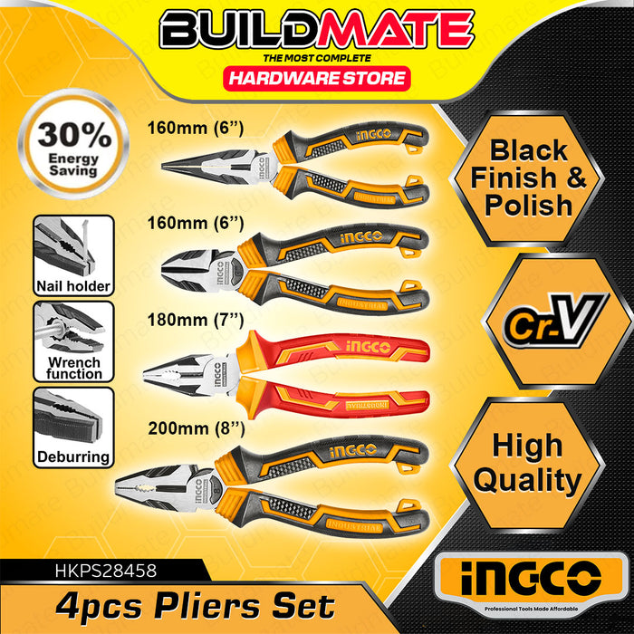 BUILDMATE Ingco 4PCS Pliers Set 7" Inch Insulated Combination Pliers and 6" - 8" Inch High Leverage Combination, Diagonal Cutting, Long Nose Plier HKPS28458 - IHT