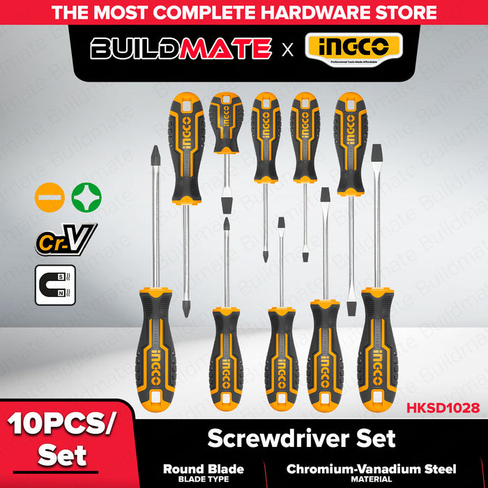 INGCO 10pcs Screwdriver Set Cr-V Magnetic Tip Flat & Phillips Hand Tool Kit For Home Car DIY Repair HKSD1028 - IHT