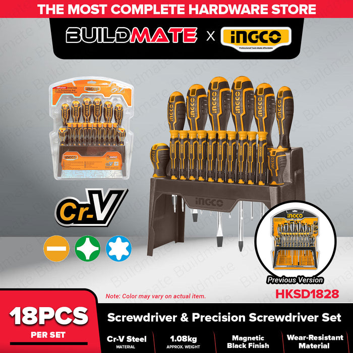 BUILDMATE Ingco 18PCS Screwdriver Set Flat & Philip Round Shank & Flathead Slotted Crosshead Repair Tool Kit Hand Tool HKSD1828 • IHT