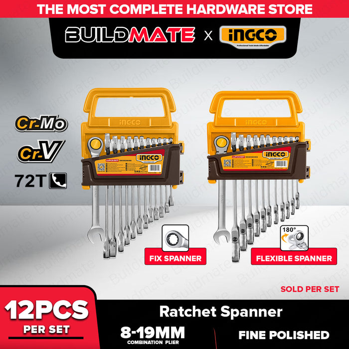 Buildmate x INGCO 12PCS Ratchet Spanner Set & Flexible Ratchet Spanner Set 8-19mm CR-V Wrench Set HKSPAR1122 HKSPAR1123 IHT