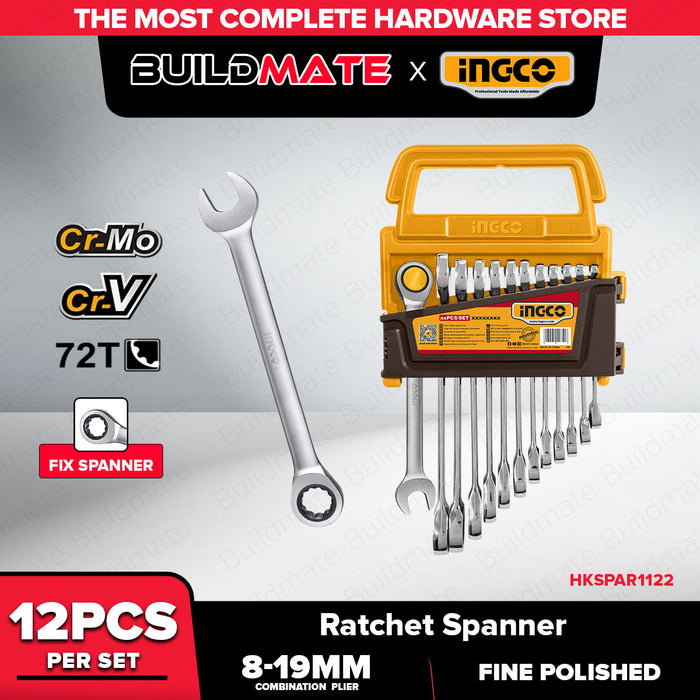 Buildmate x INGCO 12PCS Ratchet Spanner Set & Flexible Ratchet Spanner Set 8-19mm CR-V Wrench Set HKSPAR1122 HKSPAR1123 IHT