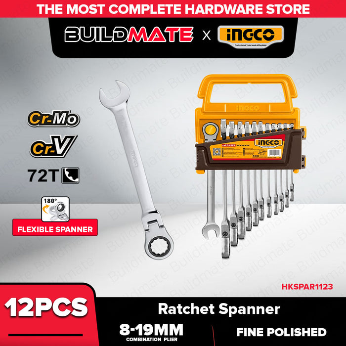 Buildmate x INGCO 12PCS Ratchet Spanner Set & Flexible Ratchet Spanner Set 8-19mm CR-V Wrench Set HKSPAR1122 HKSPAR1123 IHT