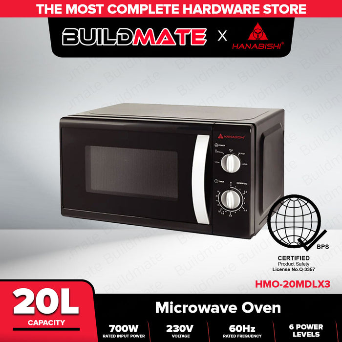 BUILDMATE Hanabishi Manual Microwave Oven 20L with Defrost Function & 6 Power Levels Kitchen Appliance HMO-20MDLX3