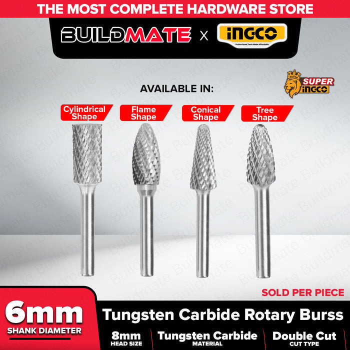 INGCO 6mm Shank Tungsten Carbide Rotary Burr Cylindrical Flame Conical Tree Shape For Die Grinder Metal Wood Carving & Polishing - IHT