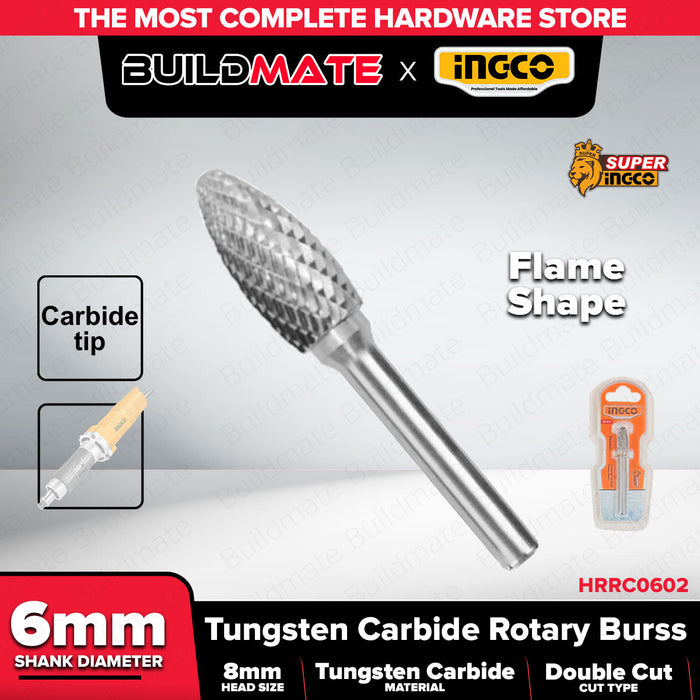INGCO 6mm Shank Tungsten Carbide Rotary Burr Cylindrical Flame Conical Tree Shape For Die Grinder Metal Wood Carving & Polishing - IHT