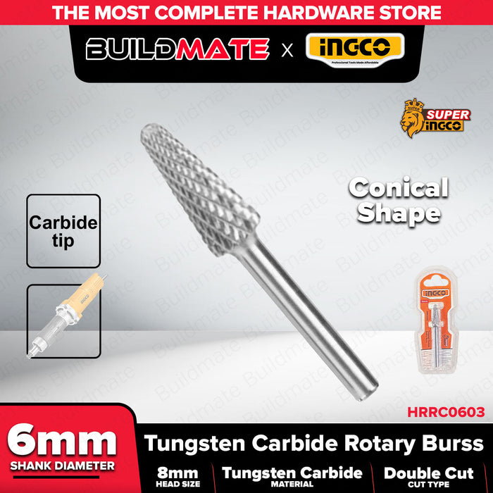 INGCO 6mm Shank Tungsten Carbide Rotary Burr Cylindrical Flame Conical Tree Shape For Die Grinder Metal Wood Carving & Polishing - IHT