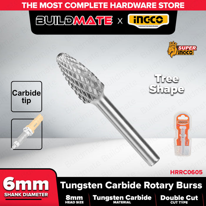 INGCO 6mm Shank Tungsten Carbide Rotary Burr Cylindrical Flame Conical Tree Shape For Die Grinder Metal Wood Carving & Polishing - IHT