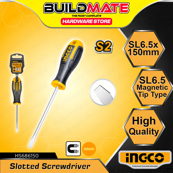 BUILDMATE Ingco Slotted Flat Screwdriver SL6.5x150mm S2 / Cr-V Flathead Round Shank Screw Driver Repair Hand Tools SOLD PER PIECE - IHT