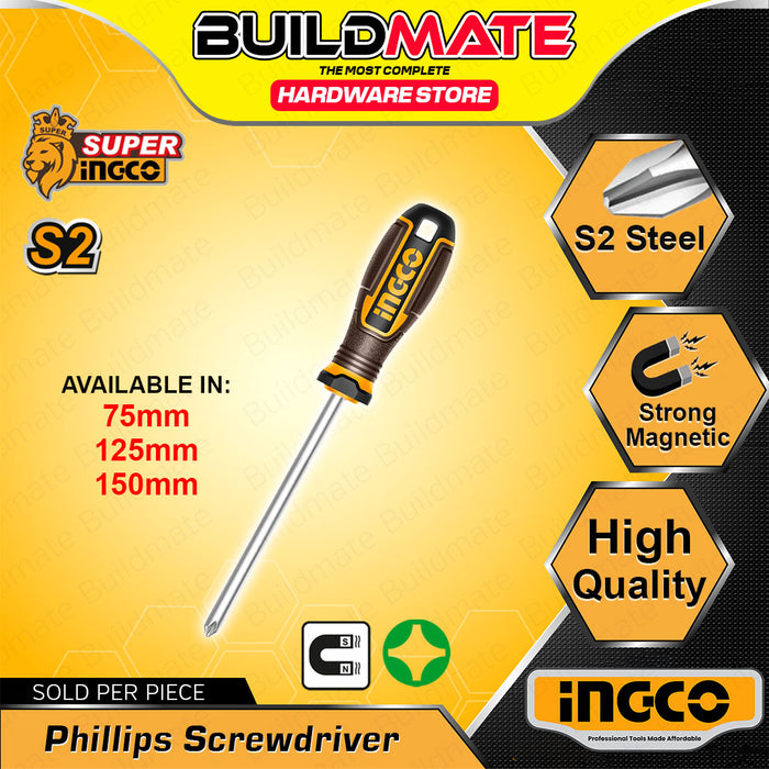 BUILDMATE Ingco Phillips Screwdriver 75mm / 125mm / 150mm S2 Crosshead Magnetic Long Shank Screw Driver Hand Repair Tool SOLD PER PIECE - IHT