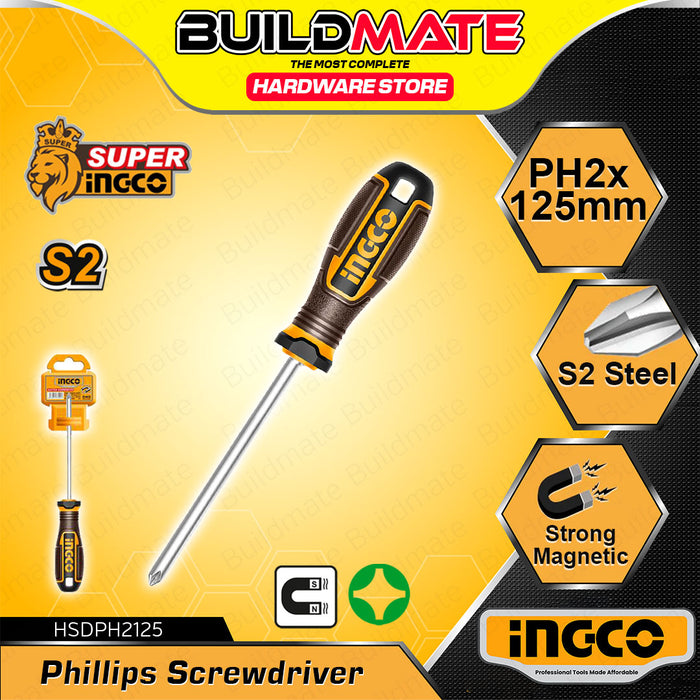 BUILDMATE Ingco Phillips Screwdriver 75mm / 125mm / 150mm S2 Crosshead Magnetic Long Shank Screw Driver Hand Repair Tool SOLD PER PIECE - IHT