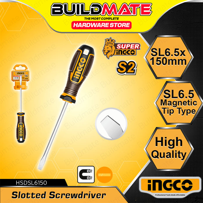BUILDMATE Ingco Slotted Flat Screwdriver SL6.5x150mm S2 / Cr-V Flathead Round Shank Screw Driver Repair Hand Tools SOLD PER PIECE - IHT