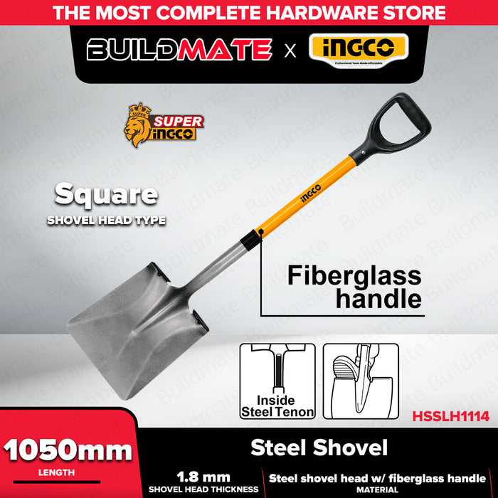 INGCO 105cm Square/Round Steel Shovel With Fiberglass Handle Garden Spade Digging Tool For Soil Grave & Construction Work SOLD PER PIECE - HT2