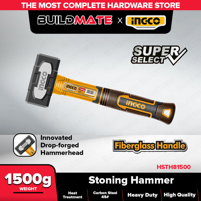 INGCO 1500g Heavy Duty Stoning Hammer Forged Stone Mason Hammer with Fiberglass Handle For Masonry, Demolition & Construction - IHT