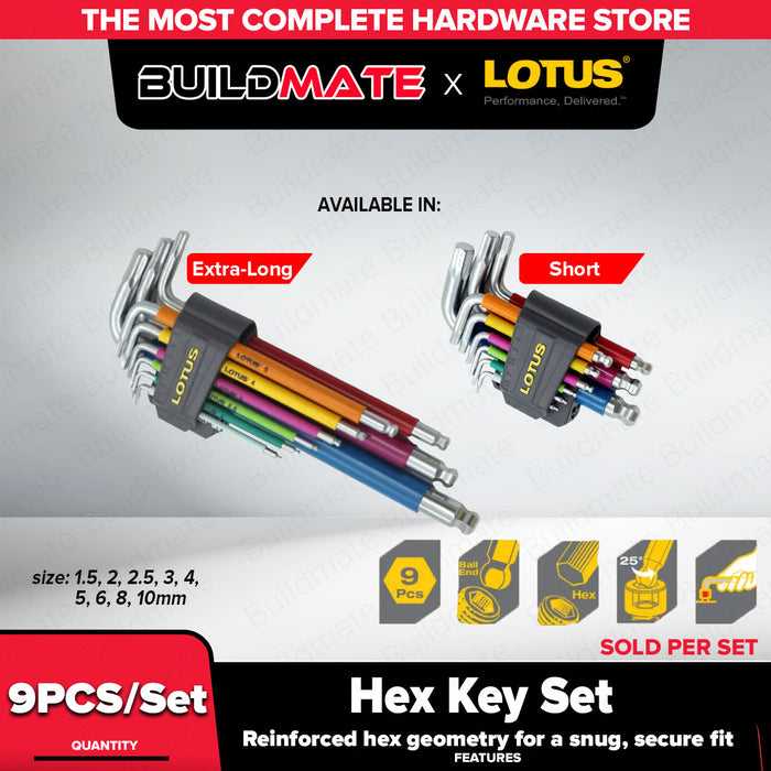 Buildmate x LOTUS 9Pcs Hex Key Set Extra-Long/Short Colored 1.5-10mm Allen Wrench LHT