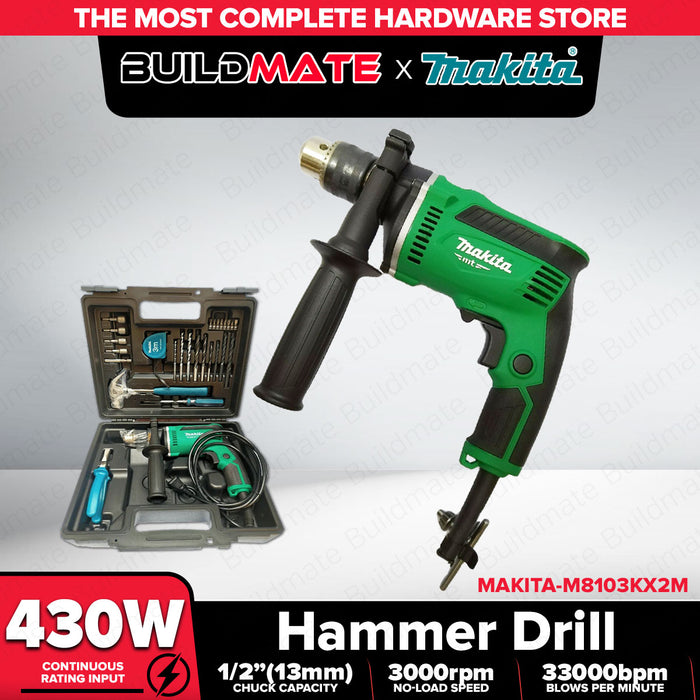Buildmate x MAKITA 430W Hammer Drill 13mm Keyed Chuck Variable Speed Reversible Impact Drill M8103KX2M