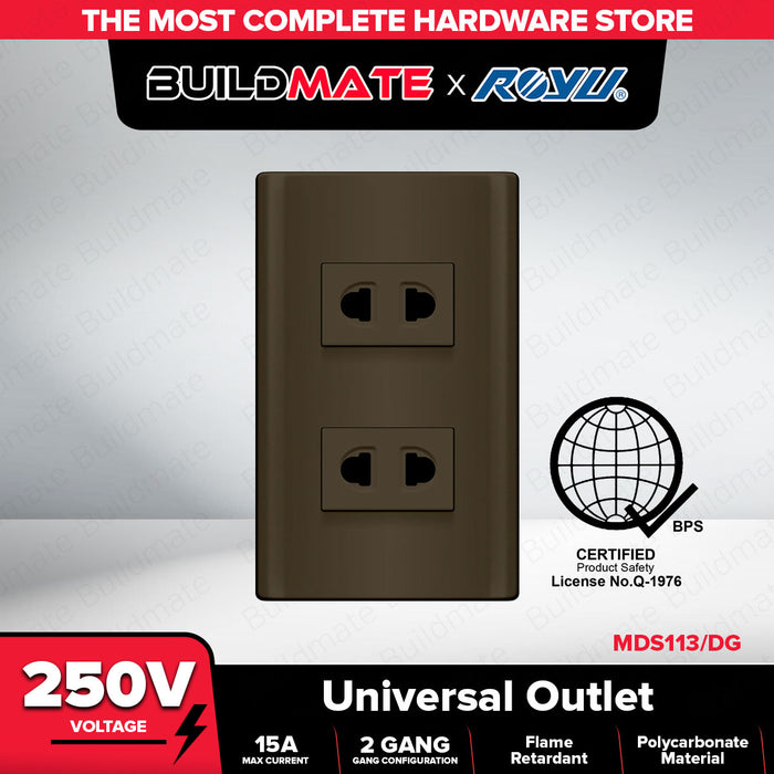 BUILDMATE Royu Plano Outlet Set Wide Series Dark Gray 250V Polycarbonate Electrical Wall Plug Socket UV Resistant & Flame Retardant Outlets