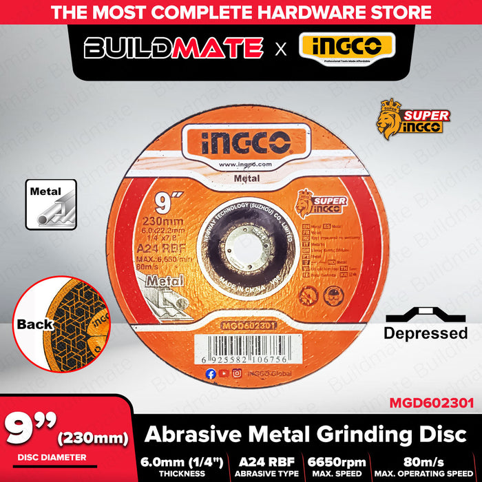 INGCO 230mm Metal Grinding Disc 9"x6mmx22.2mm Depressed Center Angle Grinder Abrasive Wheel MGD602301 - IHT