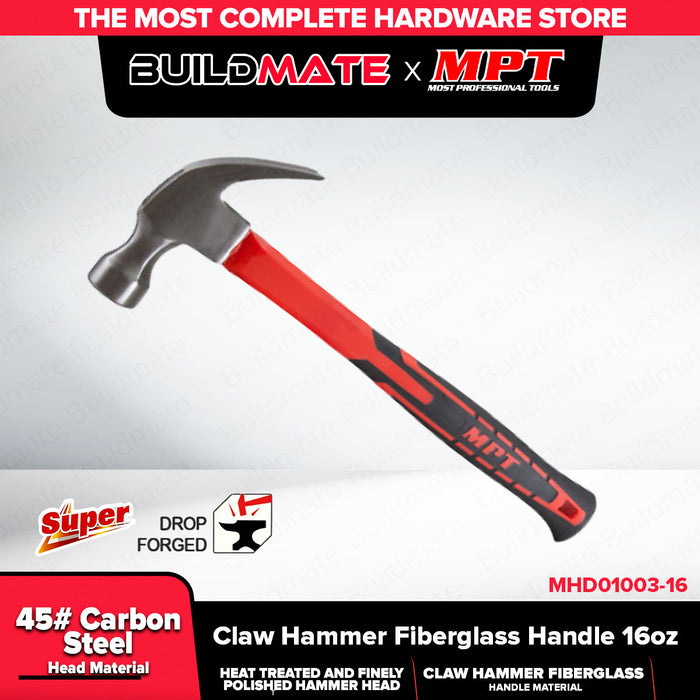 Buildmate x MPT Claw Hammer 16oz Fiberglass Handle Heavy Duty Hand Tool MHD01003-16
