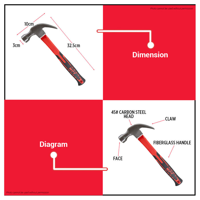 Buildmate x MPT Claw Hammer 16oz Fiberglass Handle Heavy Duty Hand Tool MHD01003-16