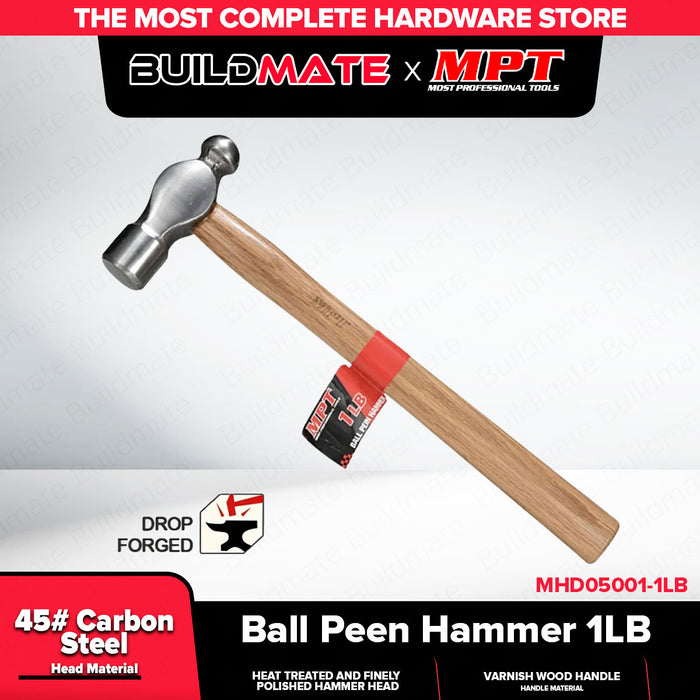 Buildmate x MPT Ball Pein Hammer 1lb Wood Handle Heavy Duty Hand Tool MHD05001-1LB